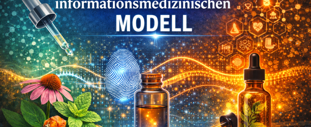 German science image showing a medical information model: pipette, two amber bottles, a blue fingerprint, and herbs against a glowing digital backdrop with health icons and the word 'MOD-ELL' (informational context).