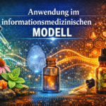 German science image showing a medical information model: pipette, two amber bottles, a blue fingerprint, and herbs against a glowing digital backdrop with health icons and the word 'MOD-ELL' (informational context).