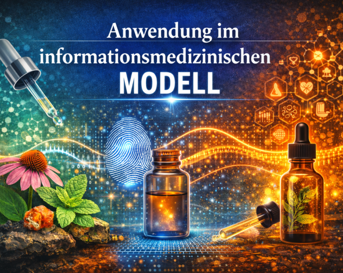 German science image showing a medical information model: pipette, two amber bottles, a blue fingerprint, and herbs against a glowing digital backdrop with health icons and the word 'MOD-ELL' (informational context).