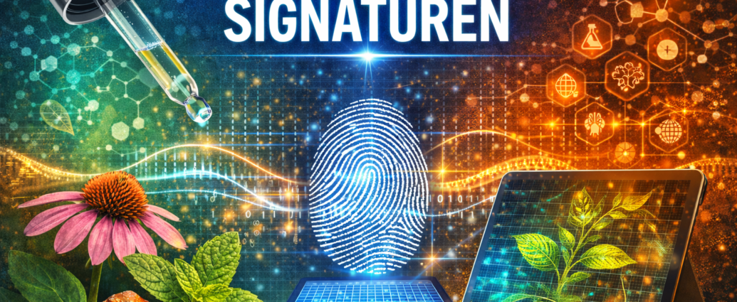High-tech banner showing a glowing fingerprint at center, with a tablet, dropper, and plant imagery to illustrate digital signatures (German: Digitalisierung von SIGNATUREN).