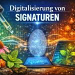 High-tech banner showing a glowing fingerprint at center, with a tablet, dropper, and plant imagery to illustrate digital signatures (German: Digitalisierung von SIGNATUREN).