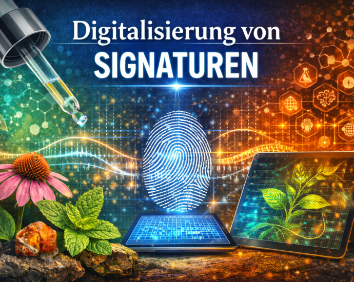 High-tech banner showing a glowing fingerprint at center, with a tablet, dropper, and plant imagery to illustrate digital signatures (German: Digitalisierung von SIGNATUREN).