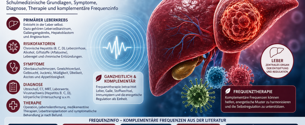 Infografik über Frequenztherapie bei Leberkrebs mit Liver-Darstellung, Risikofaktoren, Symptome, Diagnose, Therapie und ganzheitlichen Ansätzen.