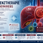 Infografik über Frequenztherapie bei Leberkrebs mit Liver-Darstellung, Risikofaktoren, Symptome, Diagnose, Therapie und ganzheitlichen Ansätzen.