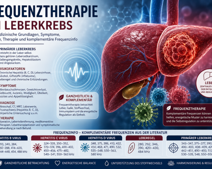 Infografik über Frequenztherapie bei Leberkrebs mit Liver-Darstellung, Risikofaktoren, Symptome, Diagnose, Therapie und ganzheitlichen Ansätzen.