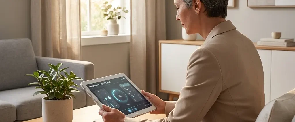 Person in a beige blazer sits at a wooden coffee table in a bright living room, using a tablet displaying a dashboard app.