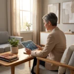Person in a beige blazer sits at a wooden coffee table in a bright living room, using a tablet displaying a dashboard app.