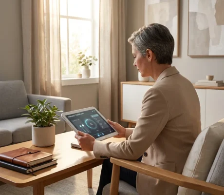 Person in a beige blazer sits at a wooden coffee table in a bright living room, using a tablet displaying a dashboard app.