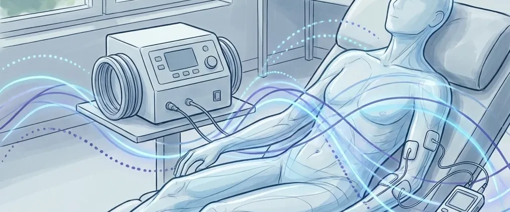 Person reclining in a clinical chair connected to a treatment device with wires leading to the body, portrayed with blue flowing lines to indicate therapy