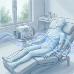 Person reclining in a clinical chair connected to a treatment device with wires leading to the body, portrayed with blue flowing lines to indicate therapy