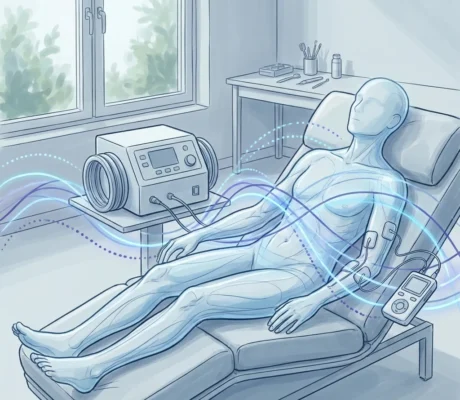 Person reclining in a clinical chair connected to a treatment device with wires leading to the body, portrayed with blue flowing lines to indicate therapy