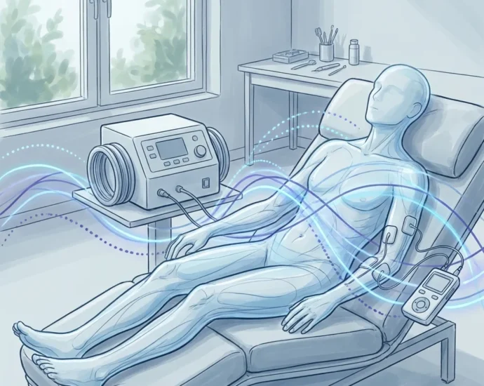 Persona sdraiata su una sedia clinica collegata a un dispositivo di trattamento con fili che conducono al corpo, raffigurata con linee scorrevoli blu per indicare la terapia