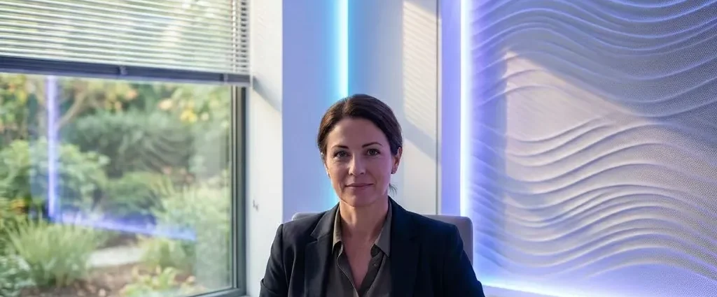 Professional woman in a blazer seated at a desk in a modern, well-lit office with blue ambient lighting and charts on the table