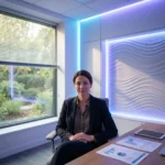 Professional woman in a blazer seated at a desk in a modern, well-lit office with blue ambient lighting and charts on the table