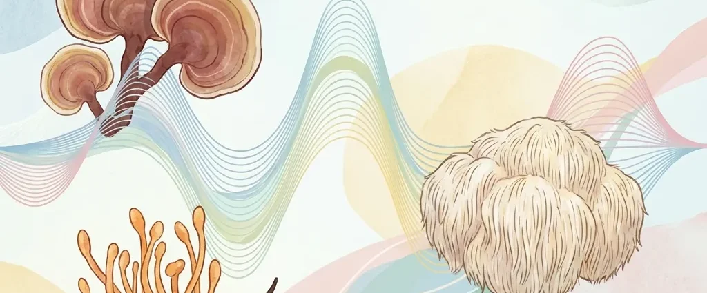 Book cover with illustrated mushrooms and fungus against pastel wave patterns; title 'Die Heilkraft der Pilze', subtitle 'Natürliche Frequenzen'.