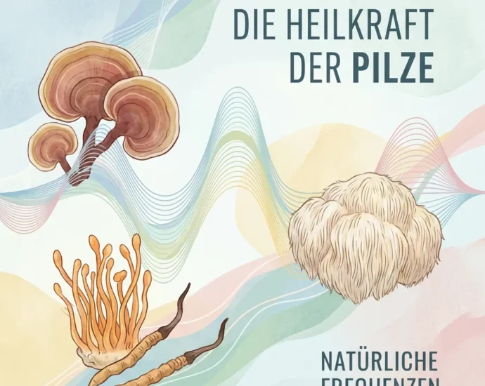 Copertina del libro con funghi illustrati su motivi a onde pastello; titolo 'Die Heilkraft der Pilze', sottotitolo 'Natürliche Frequenzen'.
