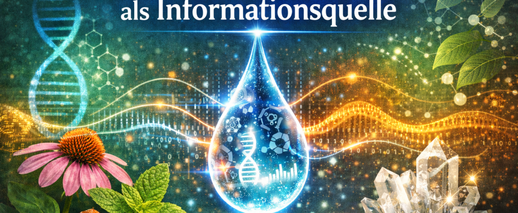 Glowing water drop with DNA icons and science graphics, surrounded by plants, rocks, and crystals, with German title above: 'Natürliche Substanzen als Informationsquelle'