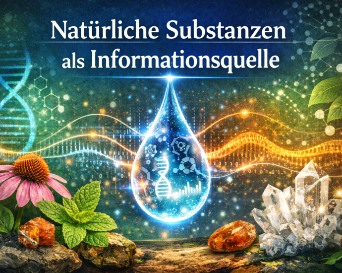 Glowing water drop with DNA icons and science graphics, surrounded by plants, rocks, and crystals, with German title above: 'Natürliche Substanzen als Informationsquelle'
