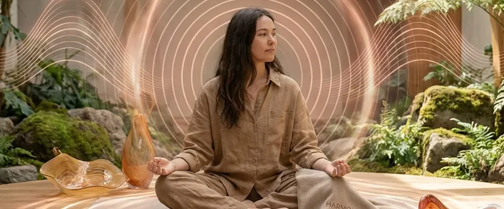 Woman meditating cross-legged on a circular wooden platform surrounded by plants, with swirling light patterns and glass sculptures; towel reads 'HARMONIC HEALING'.
