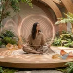 Woman meditating cross-legged on a circular wooden platform surrounded by plants, with swirling light patterns and glass sculptures; towel reads 'HARMONIC HEALING'.