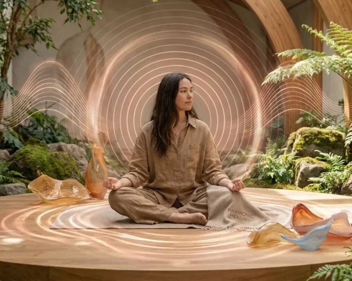 Woman meditating cross-legged on a circular wooden platform surrounded by plants, with swirling light patterns and glass sculptures; towel reads 'HARMONIC HEALING'.