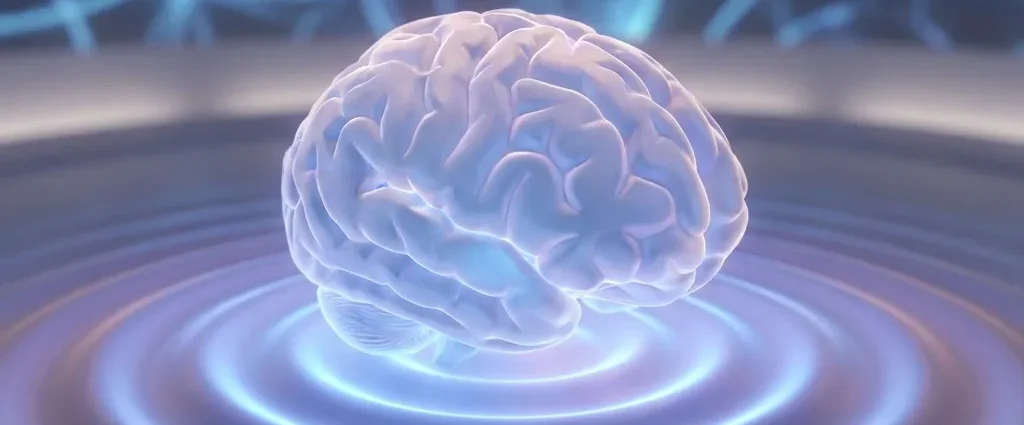 3D rendering of a brain hovering above rippling blue water with an abstract neural background.