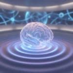 3D rendering of a brain hovering above rippling blue water with an abstract neural background.
