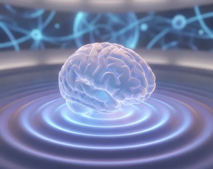 3D rendering of a brain hovering above rippling blue water with an abstract neural background.