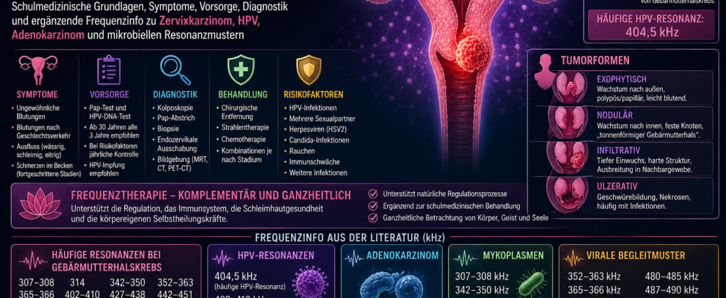 Frekvenční terapie rakoviny děložního čípku - Herbert Eder - výzkumník v oblasti frekvence Infografika o frekvenční léčbě rakoviny děložního čípku s příznaky, prevencí, diagnostikou, léčbou a rizikovými faktory ve stručném přehledu.