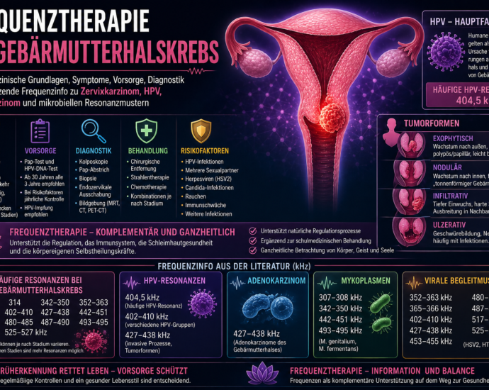 Infografika o frekvenční léčbě rakoviny děložního čípku s příznaky, prevencí, diagnostikou, léčbou a rizikovými faktory ve stručném přehledu.