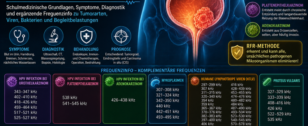 Infografika o frekvenční léčbě rakoviny močového měchýře: přehled příznaků, diagnózy, léčby a prognózy s modelem močového měchýře vlevo.