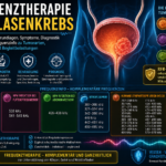 Infografika o frekvenční léčbě rakoviny močového měchýře: přehled příznaků, diagnózy, léčby a prognózy s modelem močového měchýře vlevo.