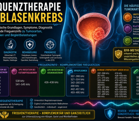 Frekvenční terapie rakoviny močového měchýře - Herbert Eder - Výzkumník v oblasti frekvence Infografika o frekvenční léčbě rakoviny močového měchýře: přehled příznaků, diagnózy, léčby a prognózy s modelem močového měchýře vlevo.