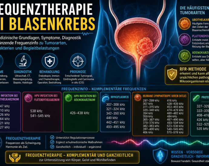 Infographic on frequency therapy for bladder cancer: overview of symptoms, diagnosis, treatment and prognosis with bladder model on the left.