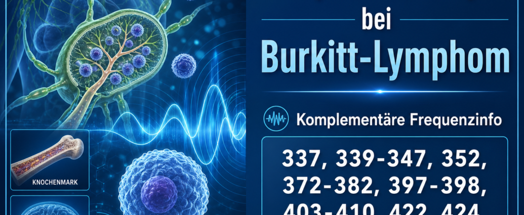 Frequenztherapie bei Burkitt-Lymphom - Herbert Eder - Frequenzforscher Poster about frequency therapy for Burkitt lymphoma, with blue medical illustrations and German text listing frequencies (kHz).