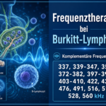 Frequenztherapie bei Burkitt-Lymphom - Herbert Eder - Frequenzforscher Poster about frequency therapy for Burkitt lymphoma, with blue medical illustrations and German text listing frequencies (kHz).