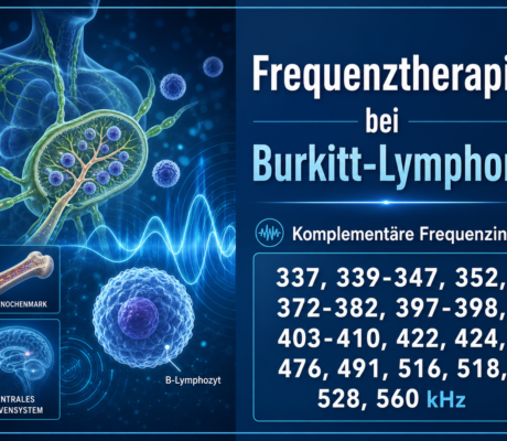Frequenztherapie bei Burkitt-Lymphom - Herbert Eder - Frequenzforscher Poster about frequency therapy for Burkitt lymphoma, with blue medical illustrations and German text listing frequencies (kHz).