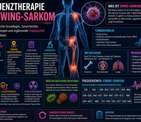 Frequenztherapie bei Ewing-Sarkom - Herbert Eder - Frequenzforscher Infografik zum Ewing-Sarkom: Menschlicher Ganzkörper mit hervorgehobenem Oberschenkelknochen und Tumorbereichen; Überschrift „Frequenztherapie bei Ewing-Sarkom“.