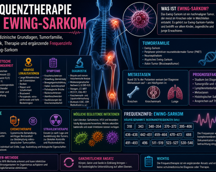 Infografik zum Ewing-Sarkom: Menschlicher Ganzkörper mit hervorgehobenem Oberschenkelknochen und Tumorbereichen; Überschrift „Frequenztherapie bei Ewing-Sarkom“.
