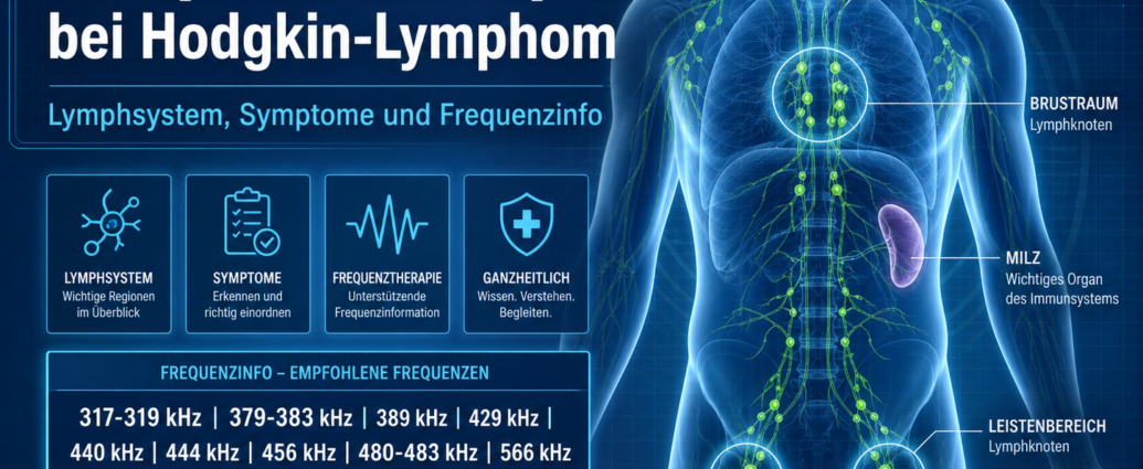 Frequenztherapie bei Hodgkin-Lymphom - Herbert Eder - Frequenzforscher Infografik des Lymphsystems am Oberkörper mit hervorgehobenen Lymphknoten, Milz und Leistenregion; Titel »Frequenztherapie bei Hodgkin-Lymphom«.