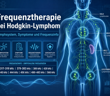 Frequenztherapie bei Hodgkin-Lymphom - Herbert Eder - Frequenzforscher Infografik des Lymphsystems am Oberkörper mit hervorgehobenen Lymphknoten, Milz und Leistenregion; Titel »Frequenztherapie bei Hodgkin-Lymphom«.