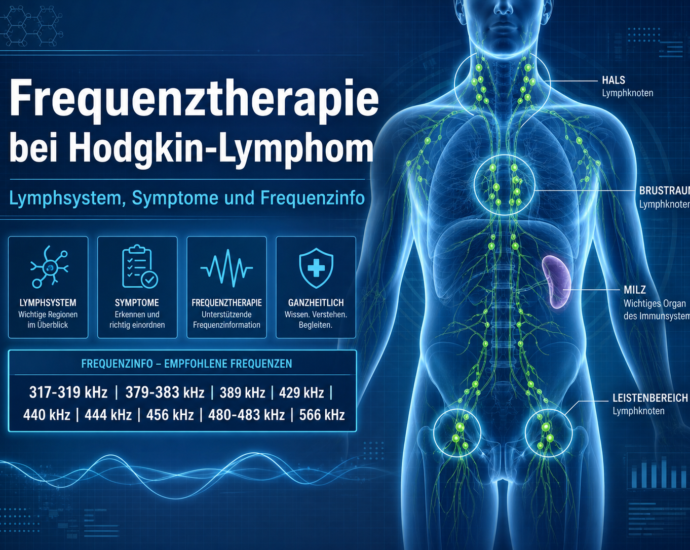 Infografik des Lymphsystems am Oberkörper mit hervorgehobenen Lymphknoten, Milz und Leistenregion; Titel »Frequenztherapie bei Hodgkin-Lymphom«.
