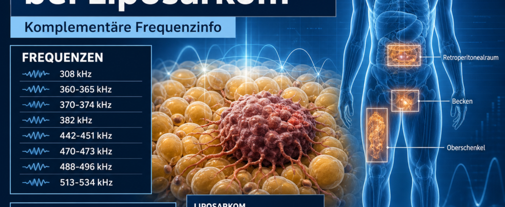Frequenztherapie bei Liposarkom - Herbert Eder - Frequenzforscher Infografik zur Frequenztherapie bei Liposarkom: Frequenzliste und schematischer Körper mit hervorgehobenen Behandlungsregionen.