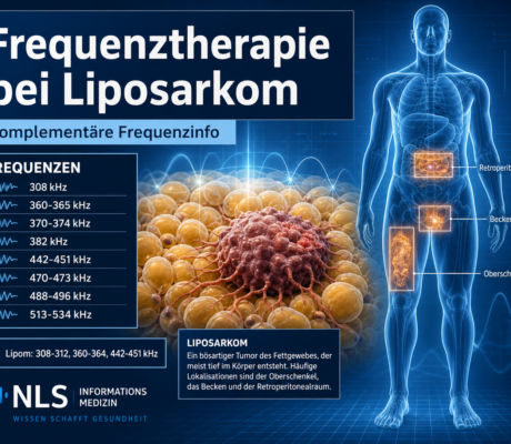 Frequenztherapie bei Liposarkom - Herbert Eder - Frequenzforscher Infografik zur Frequenztherapie bei Liposarkom: Frequenzliste und schematischer Körper mit hervorgehobenen Behandlungsregionen.