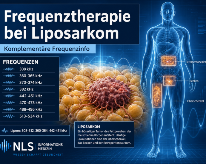 Infografik zur Frequenztherapie bei Liposarkom: Frequenzliste und schematischer Körper mit hervorgehobenen Behandlungsregionen.