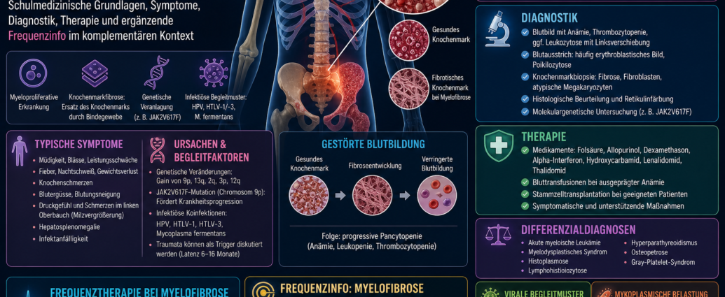 Frequenztherapie bei Myelofibrose - Herbert Eder - Frequenzforscher Infografik zu Myelofibrose und Frequenztherapie mit Körperillustration, Zell- und Knochenmark-Diagrammen sowie farbcodierten Abschnitten zu Diagnostik, Therapie und Symptomen.
