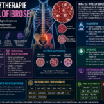 Frequenztherapie bei Myelofibrose - Herbert Eder - Frequenzforscher Infografik zu Myelofibrose und Frequenztherapie mit Körperillustration, Zell- und Knochenmark-Diagrammen sowie farbcodierten Abschnitten zu Diagnostik, Therapie und Symptomen.
