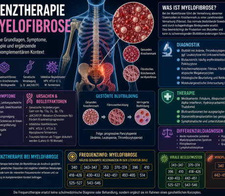 Frequenztherapie bei Myelofibrose - Herbert Eder - Frequenzforscher Infografik zu Myelofibrose und Frequenztherapie mit Körperillustration, Zell- und Knochenmark-Diagrammen sowie farbcodierten Abschnitten zu Diagnostik, Therapie und Symptomen.