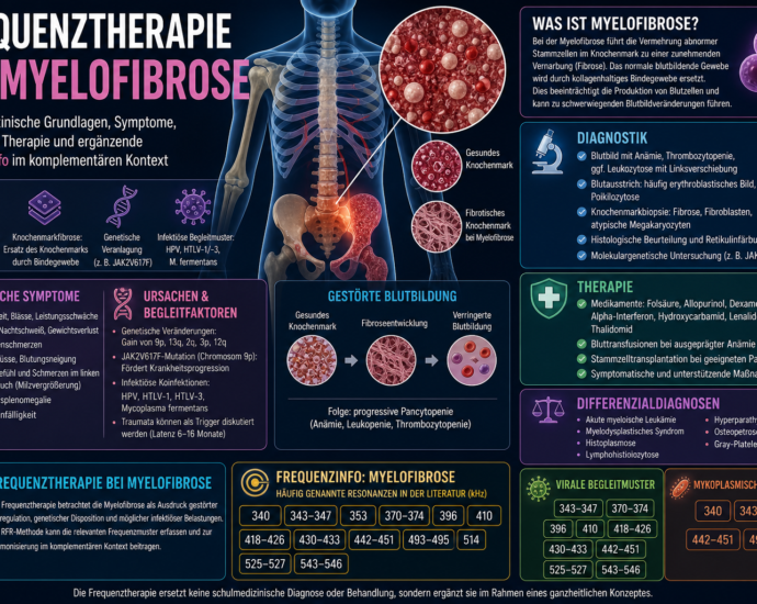 Infografik zu Myelofibrose und Frequenztherapie mit Körperillustration, Zell- und Knochenmark-Diagrammen sowie farbcodierten Abschnitten zu Diagnostik, Therapie und Symptomen.