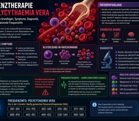 Polycythaemia vera - Herbert Eder - Frequenzforscher Infografik zu Polycythemia vera: Ursachen, Symptome, Diagnose, Therapie und Risikofaktoren auf einen Blick.